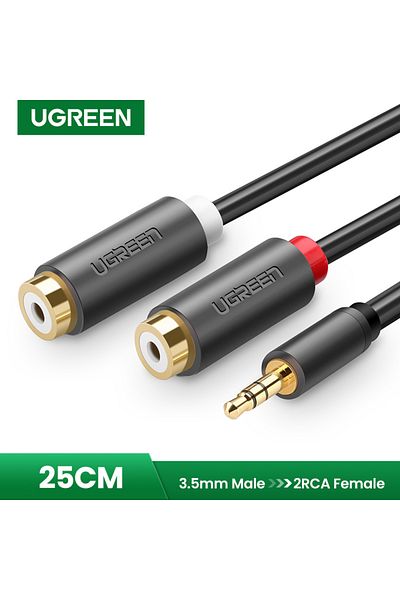 Ugreen |كابل ذكر 3.5 مم إلى 2 أنثى RCA بطول 0.25 متر|أسود