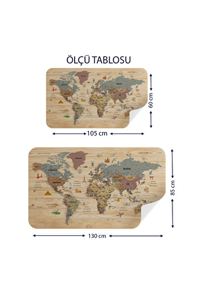 Harita Sepeti Wooden Look Turkish Educational Detailed Atlas Decorative World Map Wall Sticker-3844