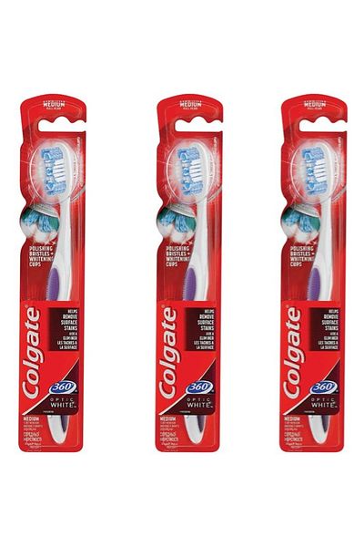 Colgate 360 optic white medium teeth whitening toothbrush, multi color X3