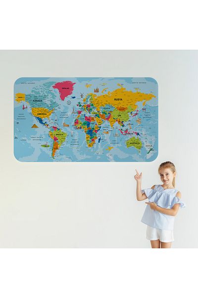 Harita Sepeti Turkish Educational Country And Capital Ocean Detailed Atlas Decorative World Map Wall Sticker-3864