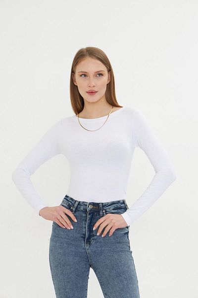 Irmak Kerekli Women's White Body Lycra Blouse Viscose Long Sleeve Basic Collar Boat Sleeve Blouse