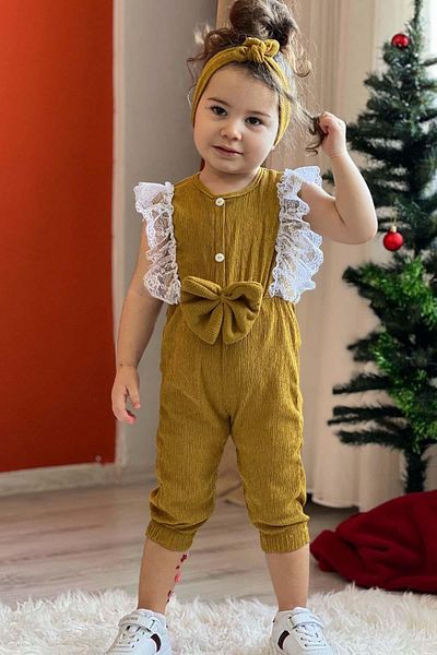 Riccotarz Girl's Shoulder to Chest Lace Embroidered Waist Bow Detailed Bandana Mustard Jumpsuit