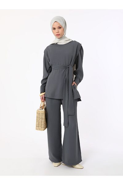 Refka Brooch Detailed Modal Fabric Trousers Tunic Double Set - Gray - Refka Exclusive