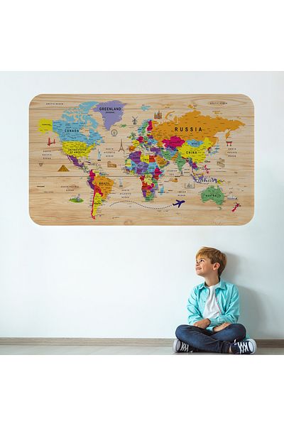 Harita Sepeti Wooden Look Educational Detailed Atlas Decorative World Map Wall Sticker-3842