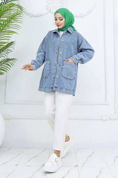 benguen Cep Detaylı Tesettür Kot Ceket Mavi 702