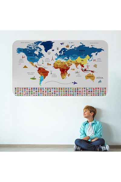 Harita Sepeti Country Flag Educational Capital Detailed Atlas Decorative World Map Wall Sticker-3857