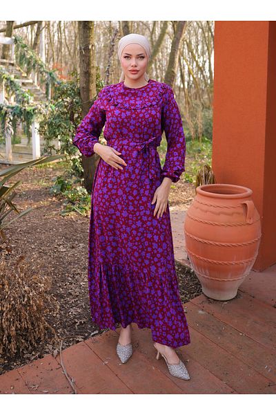 SAHRA BUTİK Viscosite Tissue Dress - Burgundy - Sahra Butik