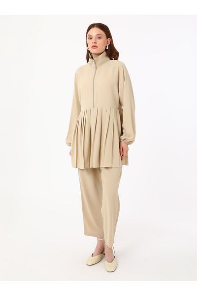 Refka Pleated Detailed Zippered Tunic & Trousers Set - Stone Color - Refka Exclusive