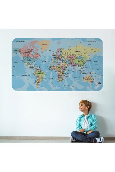 Harita Sepeti Turkish Educational Country And Capital Ocean Detailed Atlas Decorative World Map Wall Sticker-3869
