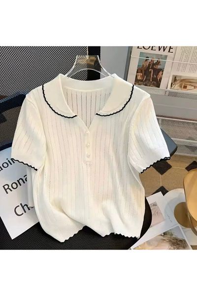 Elysira Tricou de damă din tricotaj de bază brodat cu guler pentru păpuși