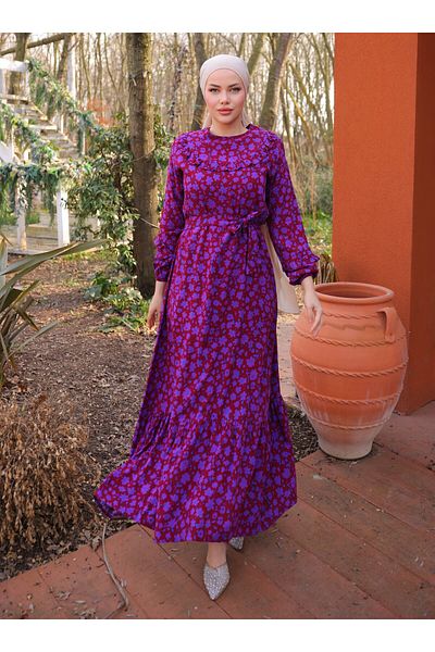SAHRA BUTİK Viscosite Tissue Dress - Burgundy - Sahra Butik