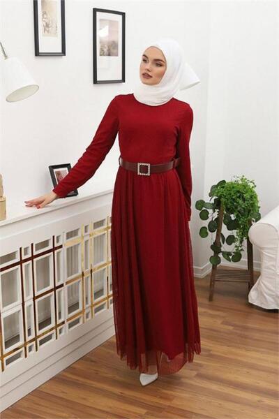 Dipmoda Rochie tesettür pentru femei, tul piese, curea DPRSSN45 - Roșu Claret