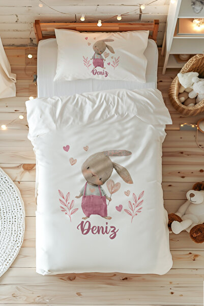 Name Only Single 100% Cotton Duvet Cover Set (160X220 cm) Pink Hearted Rabbit