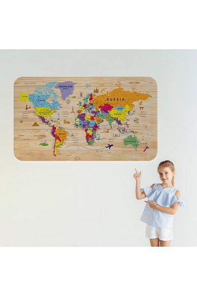 Harita Sepeti Wooden Look Educational Detailed Atlas Decorative World Map Wall Sticker-3842