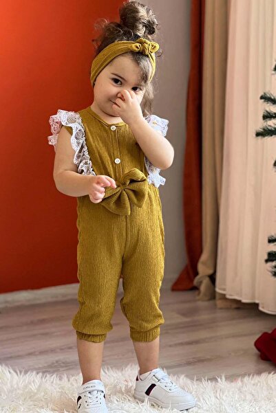 Riccotarz Κοριτσίστικη φόρμα με δαντέλα με κέντημα στη μέση με φιόγκο με λεπτομέρεια μπαντάνα μουστάρδα