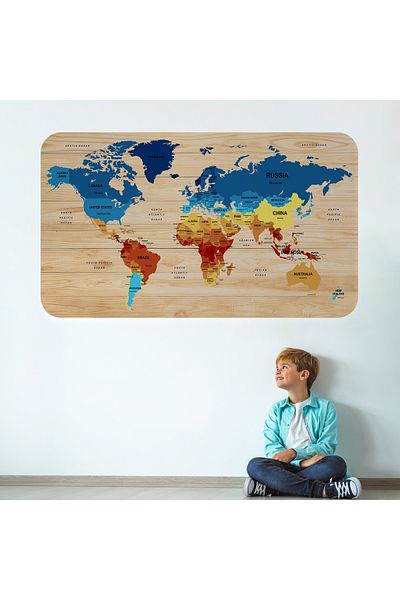 Harita Sepeti Wooden Look Educational Detailed Atlas Decorative World Map Wall Sticker-3856
