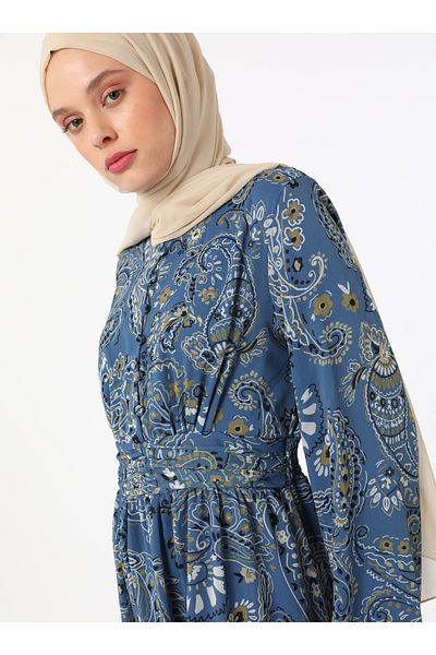 Refka Φόρεμα Hijab σιφόν με μπλε σάλι με λεπτομέρεια με κορδόνι - Refka