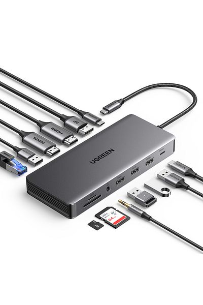 Ugreen |Revodok HUB 13 في 1 شاشة 4K مزدوجة HDMI، DP، 10Gbps USB-C، 100W PD، إيثرنت، بطاقة SD|رمادي