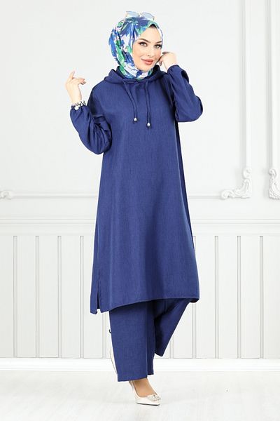 ModaMerve Hooded Linen Suit 824Ozr1047-M Navy