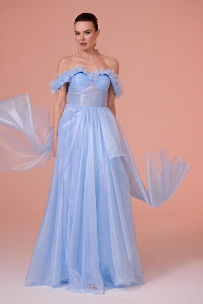 Carmen Mavi Düşük Kol Tül Nişanlık