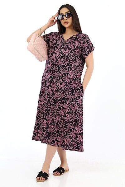 SCHIK Women's Viscose Half Sleeve V-Neck Dress with Ring Pockets Pink