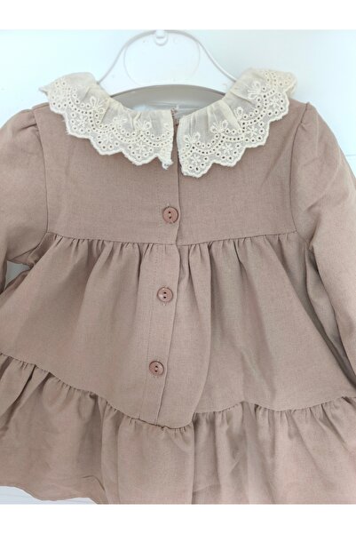 Butik Dantel Yakalı Kız Bebek Keten Elbise