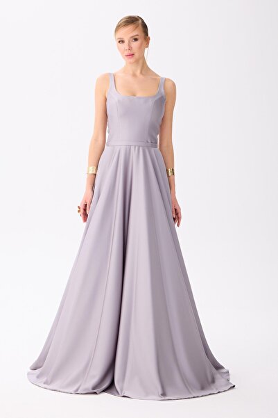 Carmen Gri Kare Yaka Saten Abiye Elbise