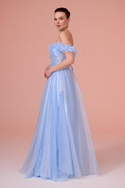 Carmen Mavi Düşük Kol Tül Nişanlık