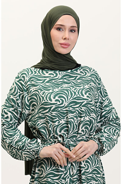 sefamerve Viskon Kumaş Eteği Fırfırlı Kuşaklı Elbise 0038-05 Zümrüt Yeşili