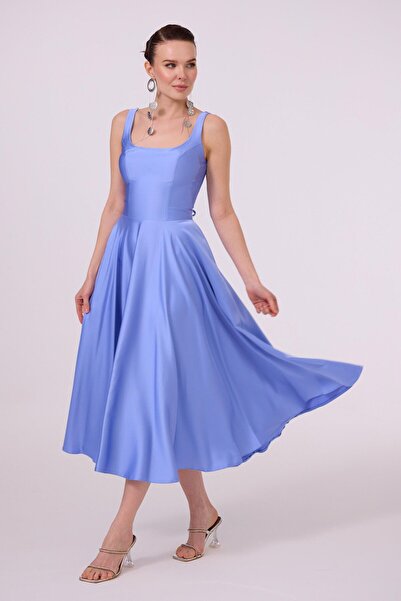 Carmen İndigo Sırt Dekolteli Midi Saten Abiye Elbise