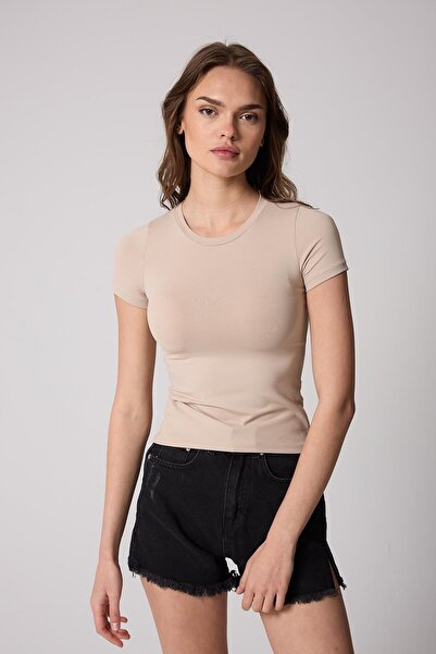 AMİDA Γυναικείο T-Shirt Lycra Slim Fit Κοντό μανίκι Crew Neck Beige Basic - 2503