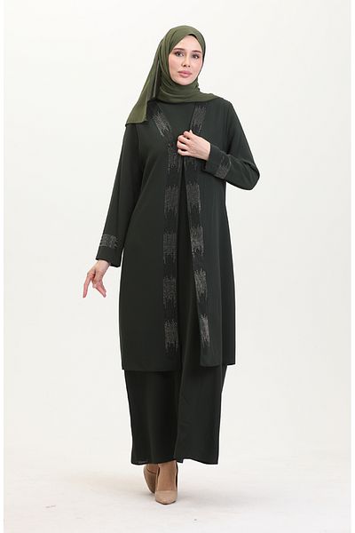 sefamerve Φόρεμα Plus Size Γιλέκο Διπλό Σετ 6140-06 Χακί