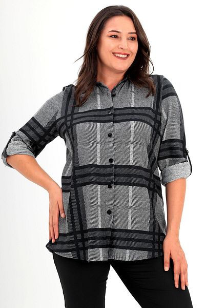 Metpoint Trend42Plus Large Size Digital Plaid Printed Leather Collar Black Shirt