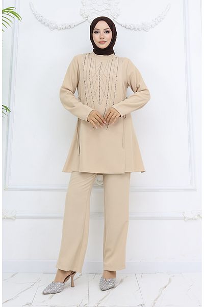 sefamerve Βραδινό φόρεμα με πλαϊνή γραβάτα Tunic Παντελόνι Κοστούμι Mink 6123-01