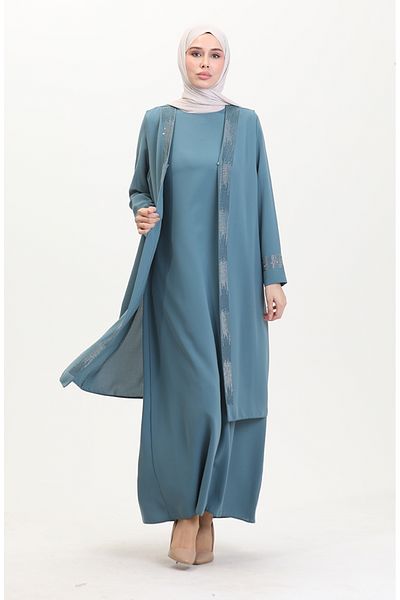 sefamerve Water Green Plus Size Φόρεμα Γιλέκο Διπλό Σετ 6140-02