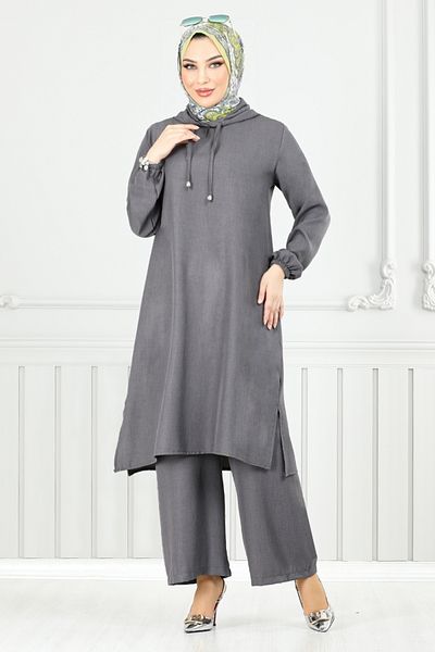 ModaMerve Hooded Linen Suit 824Ozr1047-M Anthracite
