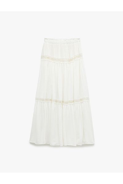 Koton Cotton Lined Scalloped Long Viscose Skirt with Lacing Detail