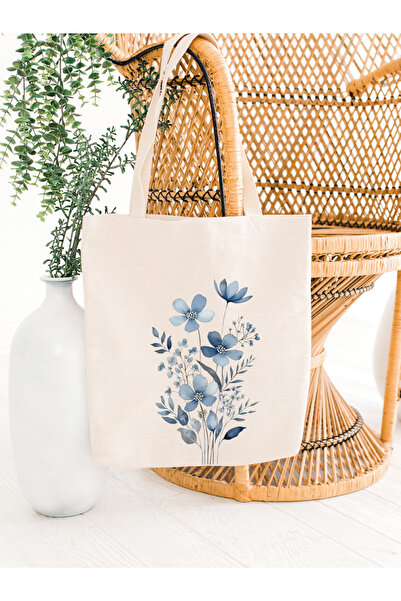 Cemira Mavi Çiçek Retro Ham Bez Tote Bag Çanta, Pinterest Çanta, Shopper Bag