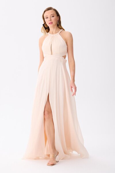 Carmen Fildişi Balıkçı Yaka Şifon Abiye Elbise