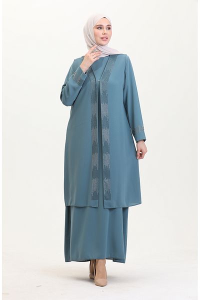 sefamerve Water Green Plus Size Φόρεμα Γιλέκο Διπλό Σετ 6140-02