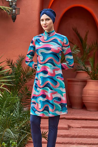 ROZAMAY Lycra Full Covered Hijab Swimsuit Patterned 3106 Dark Navy Blue
