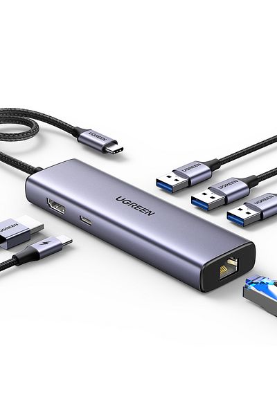 Ugreen | محول USB-C إلى 3 منافذ USB 3.0 A+HDMI+RJ45+PD | رمادي