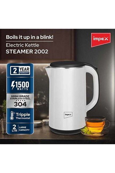 İMPEX Electric Kettle 2 Ltr 1500W Double Layer Inside 360° Base Automatic Shut-Off- White STEAMER 2002