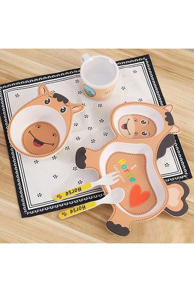 COOYA 5PCS Kids Cartoon Horse Dinnerware Set,Natural Bamboo Fiber,Lightweight Durable,Not Break Easy