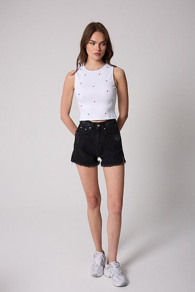 AMİDA Women's Crop Top - Ribbed Heart Embroidered White 2506