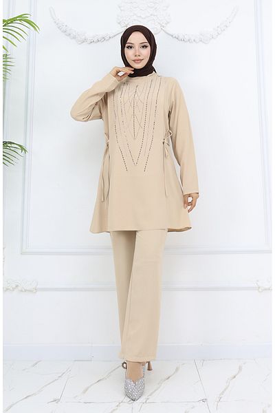 sefamerve Βραδινό φόρεμα με πλαϊνή γραβάτα Tunic Παντελόνι Κοστούμι Mink 6123-01