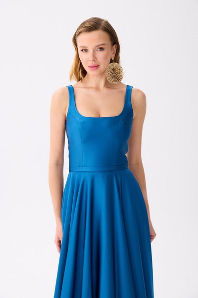Carmen Petrol Square Collar Satin Evening Dress