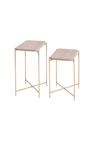 Marmony Concept Gerçek Traverten Yan Sehpa 2 Boy (Gold Altın Ayak)