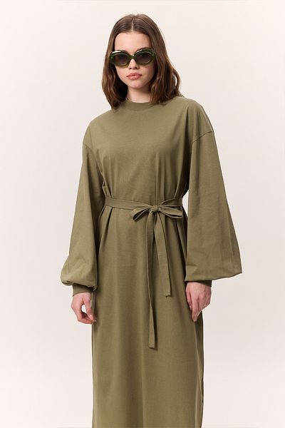 Manuka Langes bequemes Kleid mit Ballonärmeln Khaki