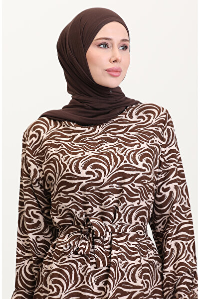 sefamerve Viskon Kumaş Eteği Fırfırlı Kuşaklı Elbise 0038-04 Kahverengi